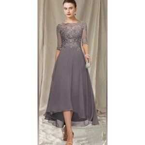 Elegant Gray Lace Half-Sleeve High-Low Evening Dress Size 10